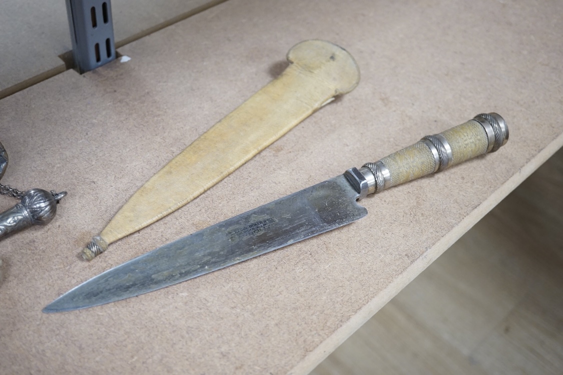 Sx 19th/20th century Ottoman or European white metal or base metal mounted riding crops, longest 48cm, and a dagger